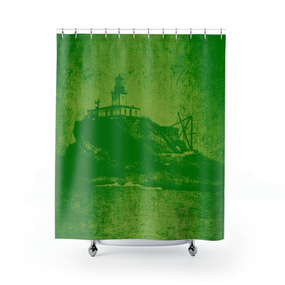 Historic Old Maritime Vintage Tillamook Rock Lighthouse - AKA Terrible Tilly - Shower Curtain - Classic Green (Sustainable & Recyclable)