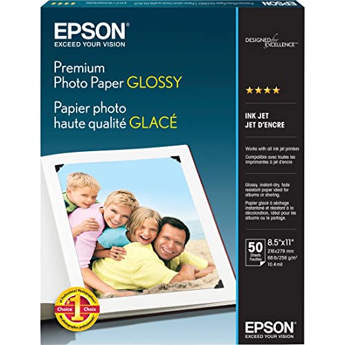 Epson Premium Photo Paper GLOSSY (8.5x11 Inches, 50 Sheets) (S041667),White