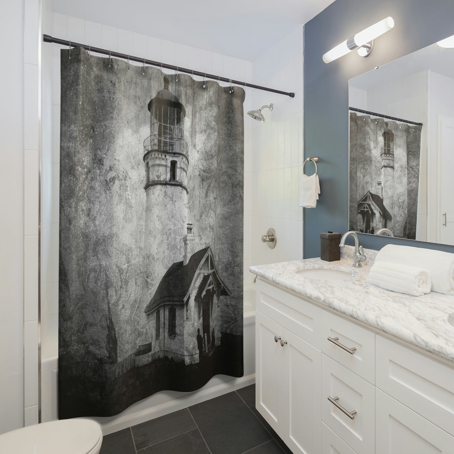 Historic Old Maritime Cape Blanco Lighthouse - 1800s Vintage Coastal Shower Curtain (Sustainable & Recyclable)