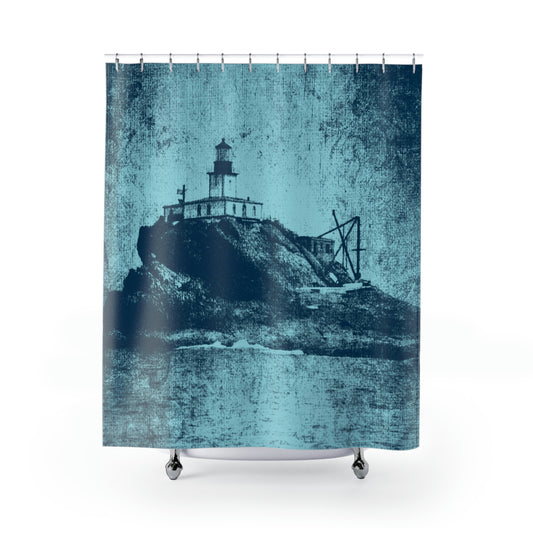Historic Old Maritime Tillamook Rock Lighthouse Vintage Print Shower Curtain - "Terrible Tilly" in Blues (Sustainable & Recyclable)