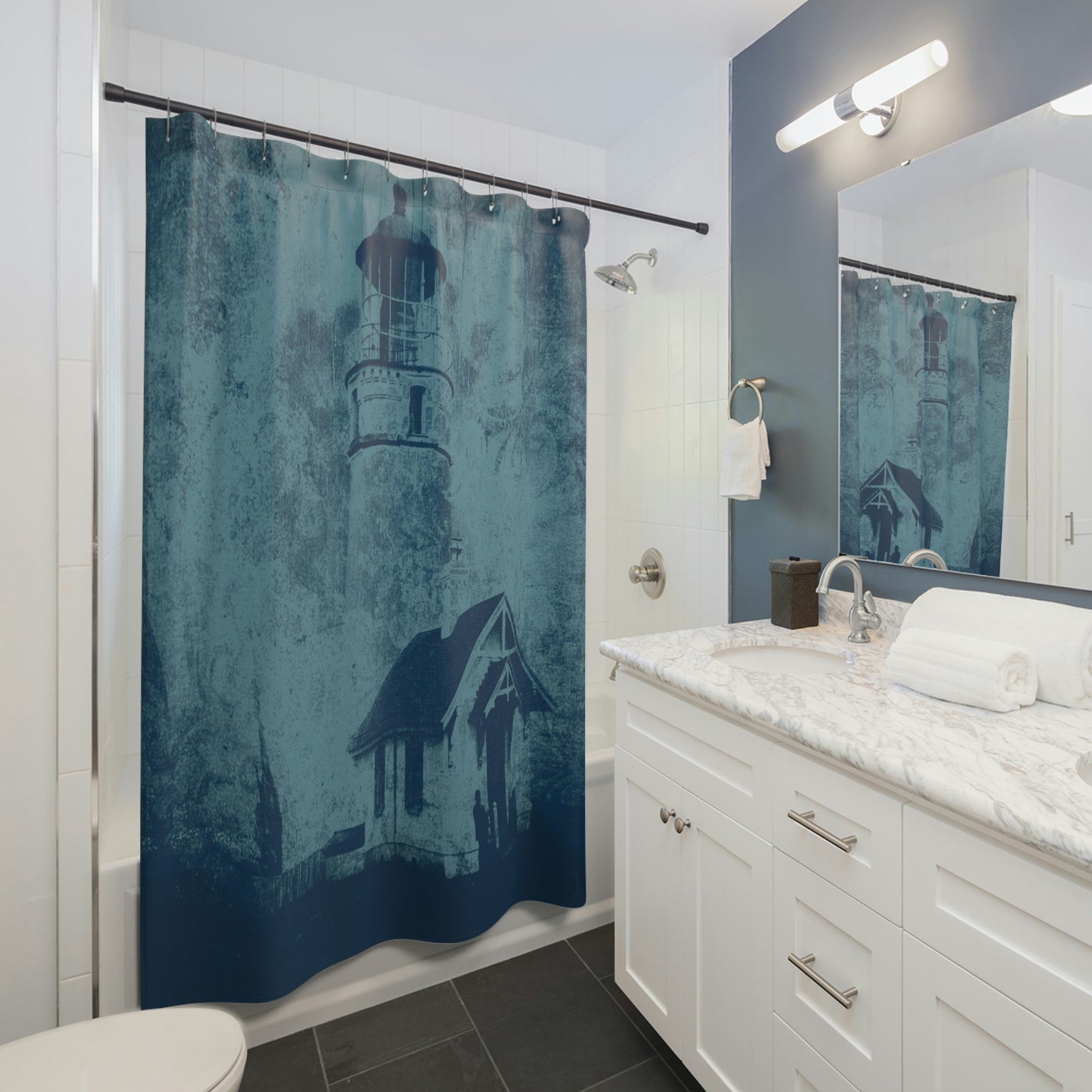 Historic Old Maritime Cape Blanco Lighthouse - Blue Vintage Shower Curtain (Sustainable & Recyclable)