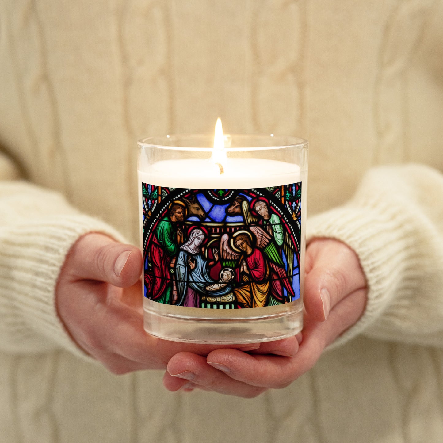 Nativity Scene Stained Glass Style Soy Candle (JMJ) - Christi Studio